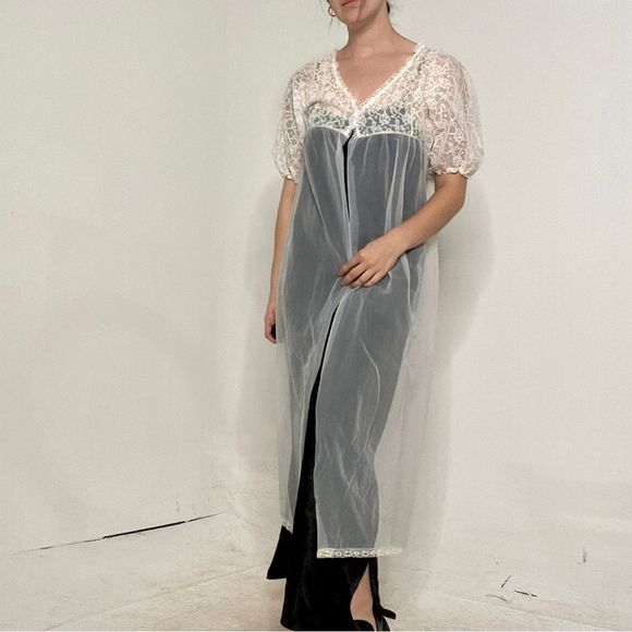 Vintage 60s Sheer Robe Womens Size L Union Made Lace Open Front - Picture 2 of 4